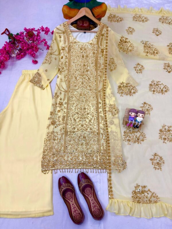 Yellow Georgette Embroidered Kurti Palazzo Set with Dupatta for women festive wear