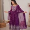Purple Faux Georgette Embroidered Anarkali Gown Set with Pant & Dupatta for women festive wear