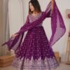 Purple Faux Georgette Embroidered Anarkali Gown Set with Pant & Dupatta for women festive wear
