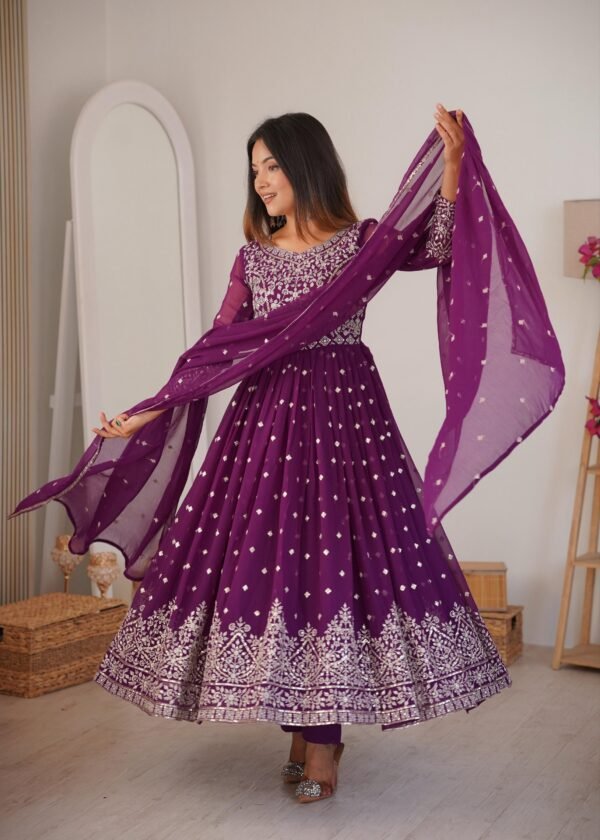 Purple Faux Georgette Embroidered Anarkali Gown Set with Pant & Dupatta for women festive wear