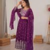 Purple Faux Georgette Embroidered Anarkali Gown Set with Pant & Dupatta for women festive wear