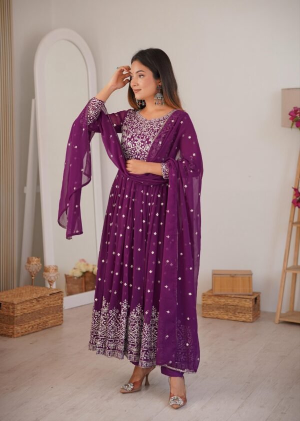 Purple Faux Georgette Embroidered Anarkali Gown Set with Pant & Dupatta for women festive wear