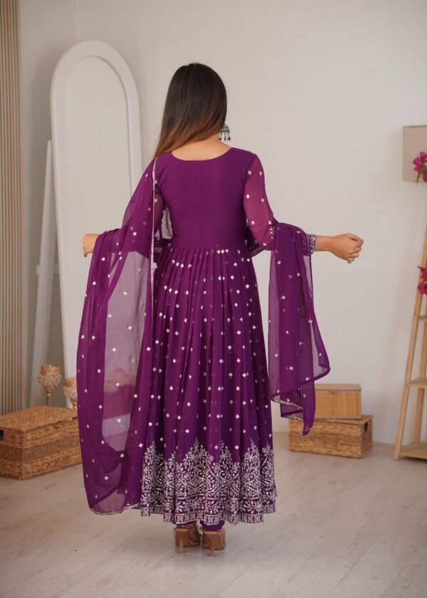 Purple Faux Georgette Embroidered Anarkali Gown Set with Pant & Dupatta for women festive wear
