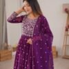 Purple Faux Georgette Embroidered Anarkali Gown Set with Pant & Dupatta for women festive wear