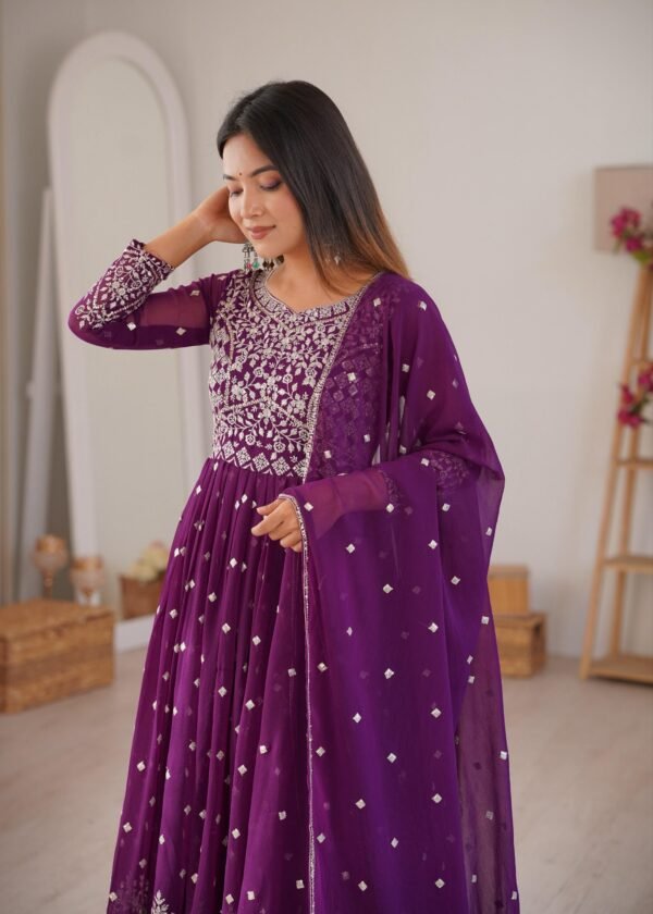 Purple Faux Georgette Embroidered Anarkali Gown Set with Pant & Dupatta for women festive wear