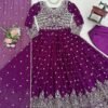 Purple Faux Georgette Embroidered Anarkali Gown Set with Pant & Dupatta for women festive wear