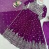 Purple Faux Georgette Embroidered Anarkali Gown Set with Pant & Dupatta for women festive wear