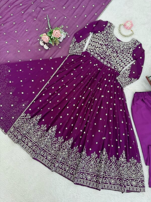 Purple Faux Georgette Embroidered Anarkali Gown Set with Pant & Dupatta for women festive wear