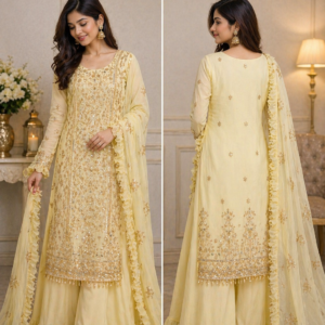 Yellow Georgette Embroidered Kurti Palazzo Set with Dupatta for women festive wear