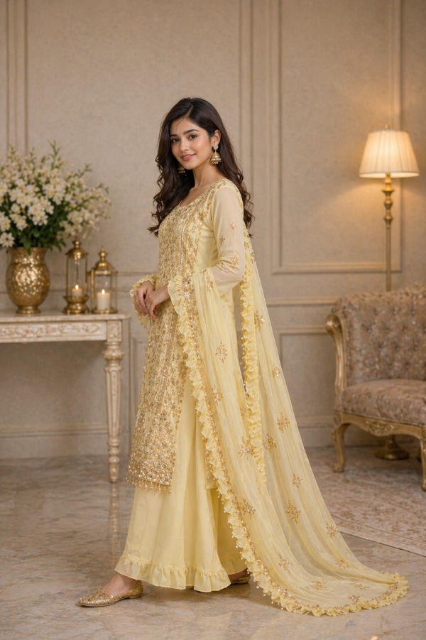 Yellow Georgette Embroidered Kurti Palazzo Set with Dupatta for women festive wear
