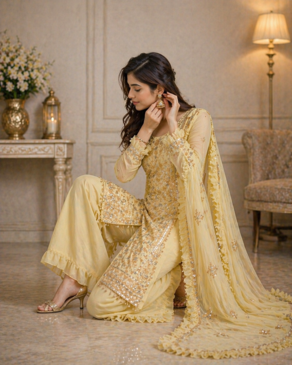 Yellow Georgette Embroidered Kurti Palazzo Set with Dupatta for women festive wear