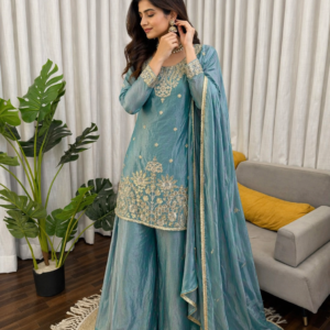 Teal Fendy Silk Kurti Palazzo Set with Dupatta for women festive wear