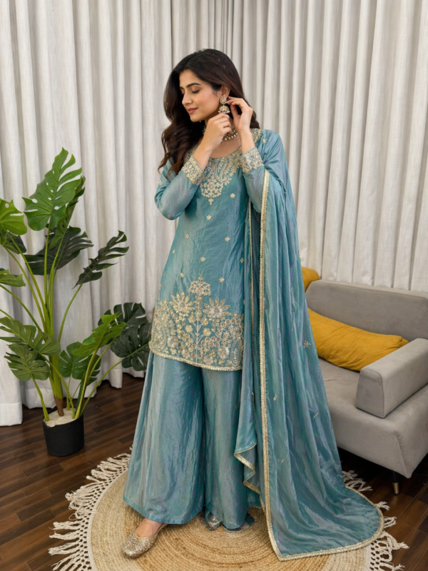 Teal Fendy Silk Kurti Palazzo Set with Dupatta for women festive wear