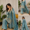 Teal Fendy Silk Kurti Palazzo Set with Dupatta for women festive wear