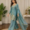 Teal Fendy Silk Kurti Palazzo Set with Dupatta for women festive wear