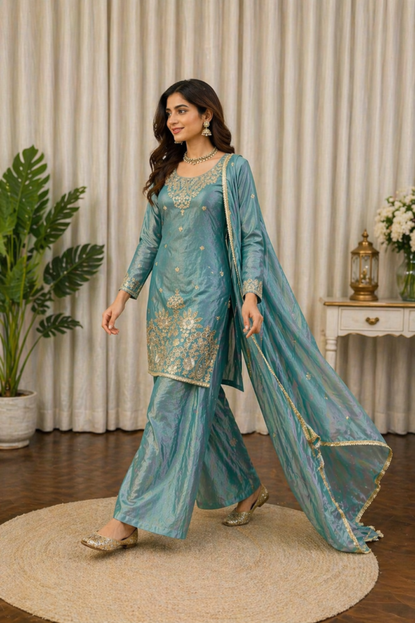 Teal Fendy Silk Kurti Palazzo Set with Dupatta for women festive wear
