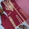 Wine Satin Silk Embroidered Kurta Palazzo Set with Organza Dupatta for women festive wear