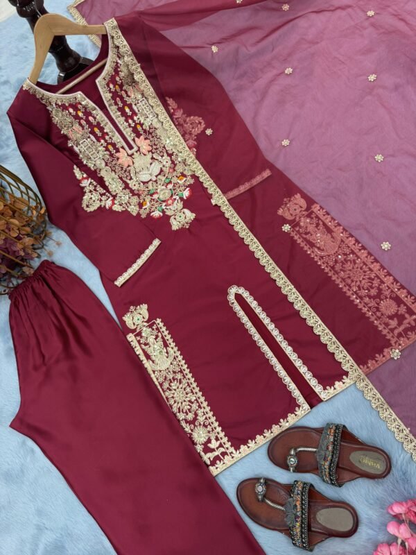 Wine Satin Silk Embroidered Kurta Palazzo Set with Organza Dupatta for women festive wear