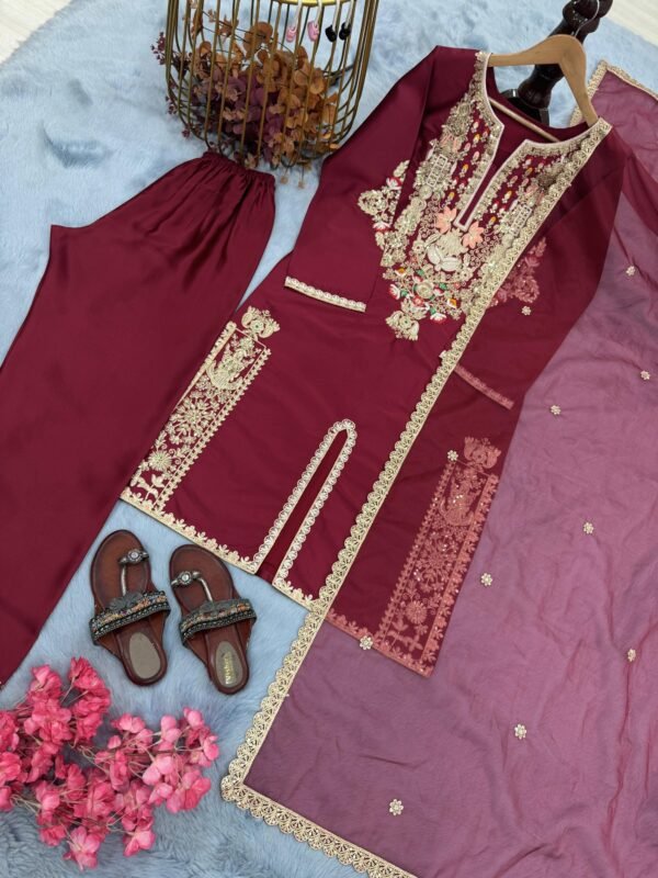 Wine Satin Silk Embroidered Kurta Palazzo Set with Organza Dupatta for women festive wear