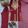 Wine Satin Silk Embroidered Kurta Palazzo Set with Organza Dupatta for women festive wear