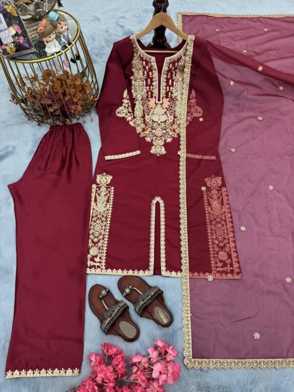 Wine Satin Silk Embroidered Kurta Palazzo Set with Organza Dupatta for women festive wear
