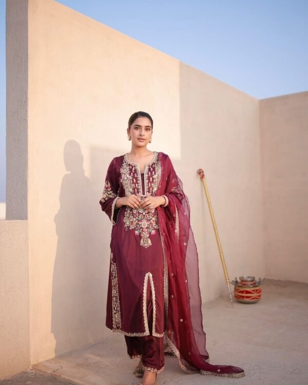 Wine Satin Silk Embroidered Kurta Palazzo Set with Organza Dupatta for women festive wear