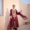 Wine Satin Silk Embroidered Kurta Palazzo Set with Organza Dupatta for women festive wear