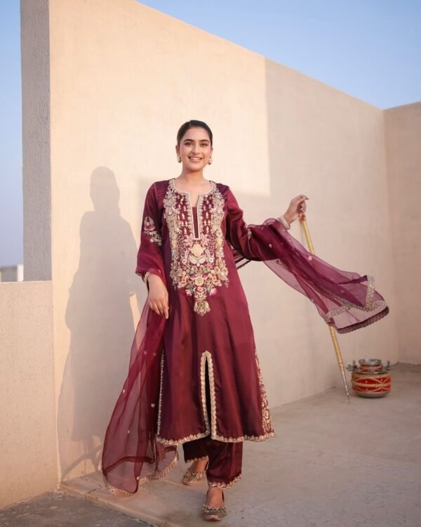 Wine Satin Silk Embroidered Kurta Palazzo Set with Organza Dupatta for women festive wear