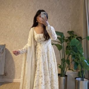 Home Fendy Silk Embroidered Anarkali Gown Set with Dupatta & Pant for women festive wear