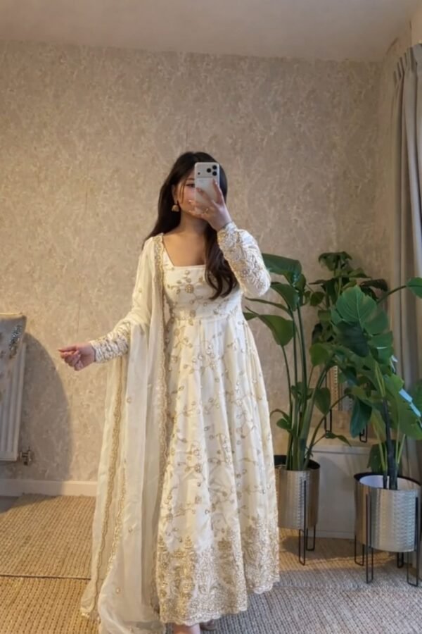 Fendy Silk Embroidered Anarkali Gown Set with Dupatta & Pant for women festive wear