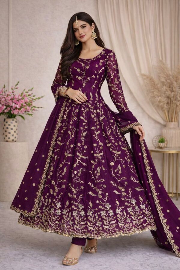 Fendy Silk Embroidered Anarkali Gown Set with Dupatta & Pant for women festive wear