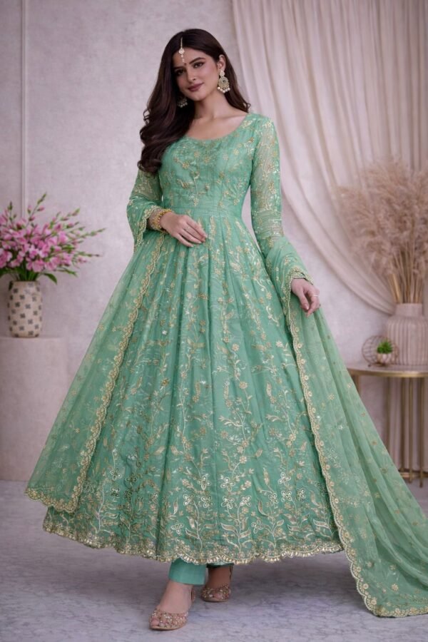 Fendy Silk Embroidered Anarkali Gown Set with Dupatta & Pant for women festive wear