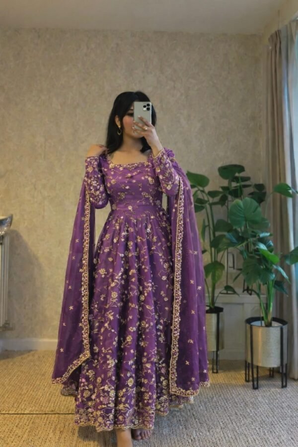 Fendy Silk Embroidered Anarkali Gown Set with Dupatta & Pant for women festive wear