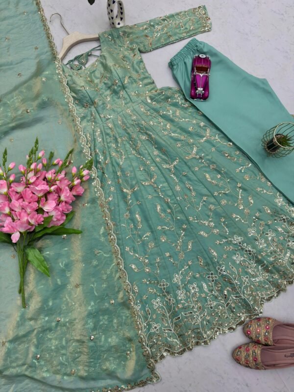 Fendy Silk Embroidered Anarkali Gown Set with Dupatta & Pant for women festive wear