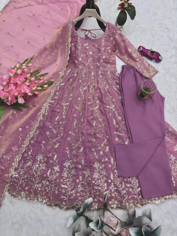Fendy Silk Embroidered Anarkali Gown Set with Dupatta & Pant for women festive wear