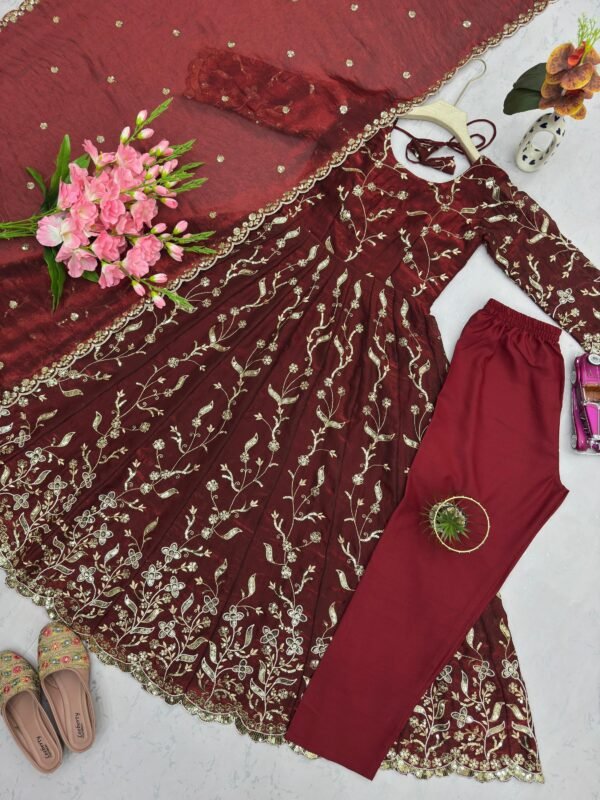 Fendy Silk Embroidered Anarkali Gown Set with Dupatta & Pant for women festive wear