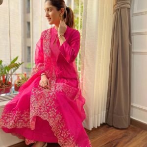 Pink Cotton Silk Kurta Pant Set with Organza Embroidered Dupatta for women festive wear