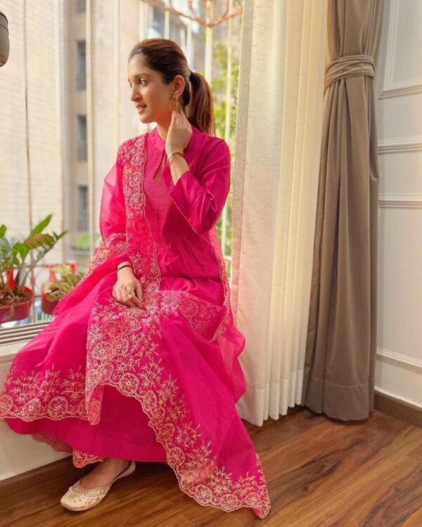 Pink Cotton Silk Kurta Pant Set with Organza Embroidered Dupatta for women festive wear