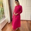 Pink Cotton Silk Kurta Pant Set with Organza Embroidered Dupatta for women festive wear