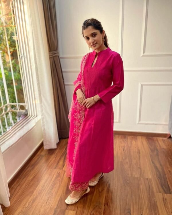 Pink Cotton Silk Kurta Pant Set with Organza Embroidered Dupatta for women festive wear