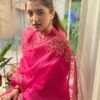 Pink Cotton Silk Kurta Pant Set with Organza Embroidered Dupatta for women festive wear