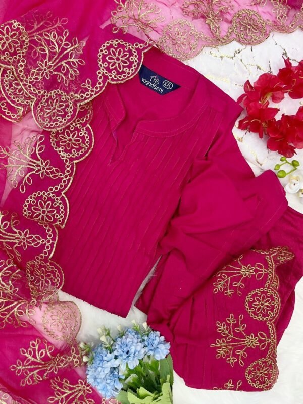 Pink Cotton Silk Kurta Pant Set with Organza Embroidered Dupatta for women festive wear