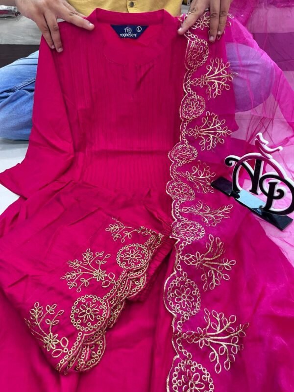 Pink Cotton Silk Kurta Pant Set with Organza Embroidered Dupatta for women festive wear