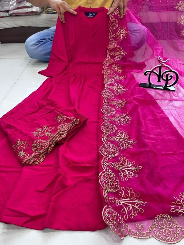 Pink Cotton Silk Kurta Pant Set with Organza Embroidered Dupatta for women festive wear