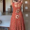 Rust Red Faux Georgette Gown Palazzo Set with Organza Dupatta for women festive wear