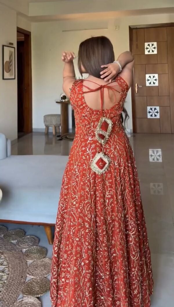 Rust Red Faux Georgette Gown Palazzo Set with Organza Dupatta for women festive wear