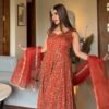 Rust Red Faux Georgette Gown Palazzo Set with Organza Dupatta for women festive wear
