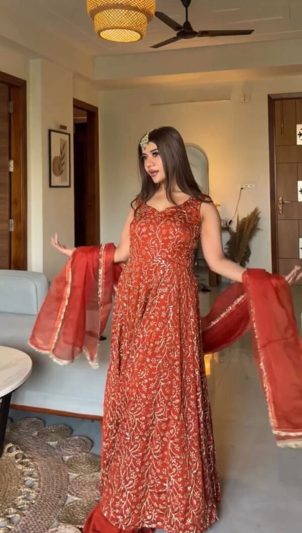 Rust Red Faux Georgette Gown Palazzo Set with Organza Dupatta for women festive wear