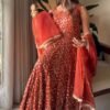 Rust Red Faux Georgette Gown Palazzo Set with Organza Dupatta for women festive wear