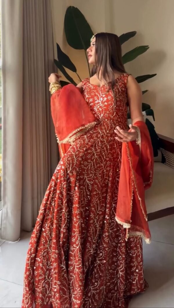 Rust Red Faux Georgette Gown Palazzo Set with Organza Dupatta for women festive wear